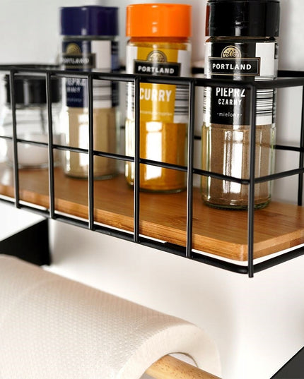 Sieninis laikiklis popieriniam rankšluosčiui, juodas metalas su bambuko lentynėle