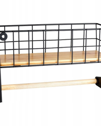 Sieninis laikiklis popieriniam rankšluosčiui, juodas metalas su bambuko lentynėle