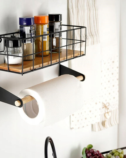 Sieninis laikiklis popieriniam rankšluosčiui, juodas metalas su bambuko lentynėle