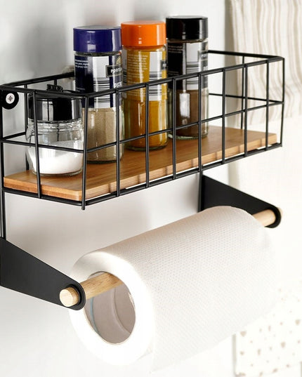 Sieninis laikiklis popieriniam rankšluosčiui, juodas metalas su bambuko lentynėle