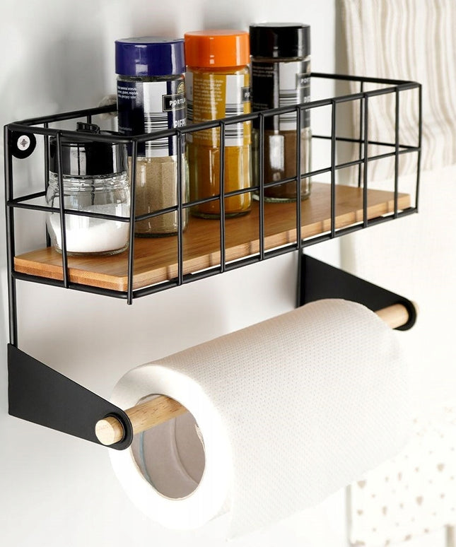 Sieninis laikiklis popieriniam rankšluosčiui, juodas metalas su bambuko lentynėle