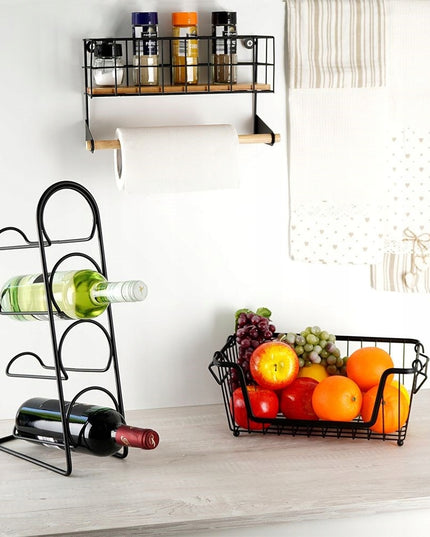 Sieninis laikiklis popieriniam rankšluosčiui, juodas metalas su bambuko lentynėle