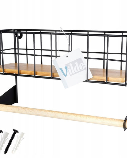 Sieninis laikiklis popieriniam rankšluosčiui, juodas metalas su bambuko lentynėle