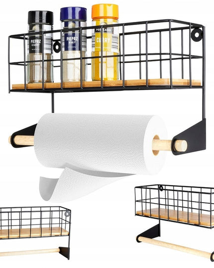 Sieninis laikiklis popieriniam rankšluosčiui, juodas metalas su bambuko lentynėle