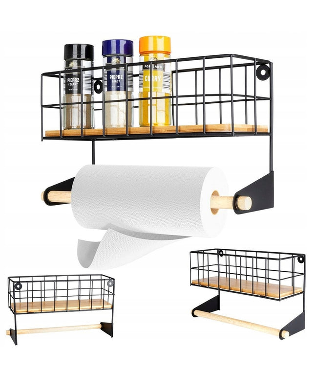 Sieninis laikiklis popieriniam rankšluosčiui, juodas metalas su bambuko lentynėle