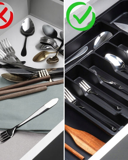 REGULIUOJAMAS įdėklas stalo įrankiams, peiliams, priedams į stalčių, prailginamas organizatorius