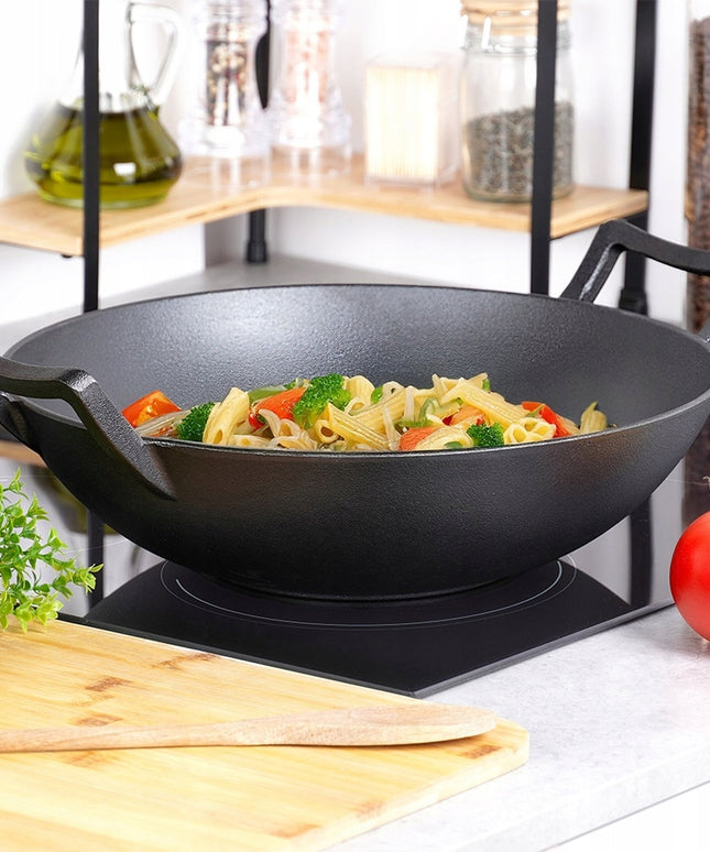 Ketaus WOK keptuvė, didelė keptuvė maisto kepimui ir troškinimui ant viryklės ar laužo, 36 cm