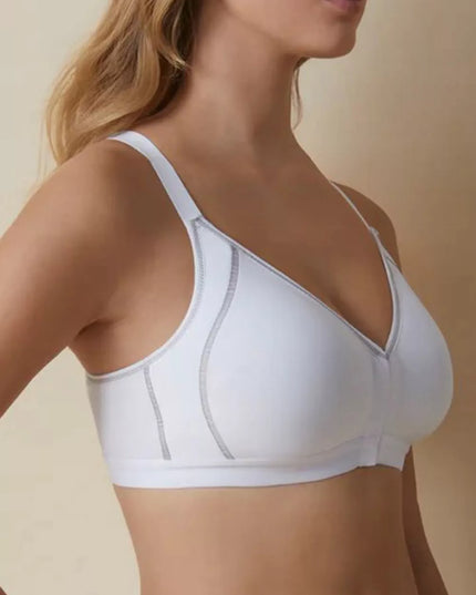 Patogi minkšta sportinė liemenėlė su užsegimu priekyje be lankelių balta 80C