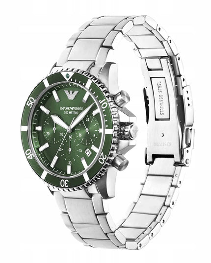 Emporio Armani Diver AR11500 vyriškas laikrodis, žalias ciferblatas, plieninė apyrankė