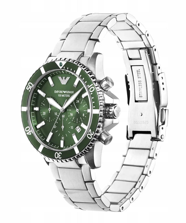 Emporio Armani Diver AR11500 vyriškas laikrodis, žalias ciferblatas, plieninė apyrankė