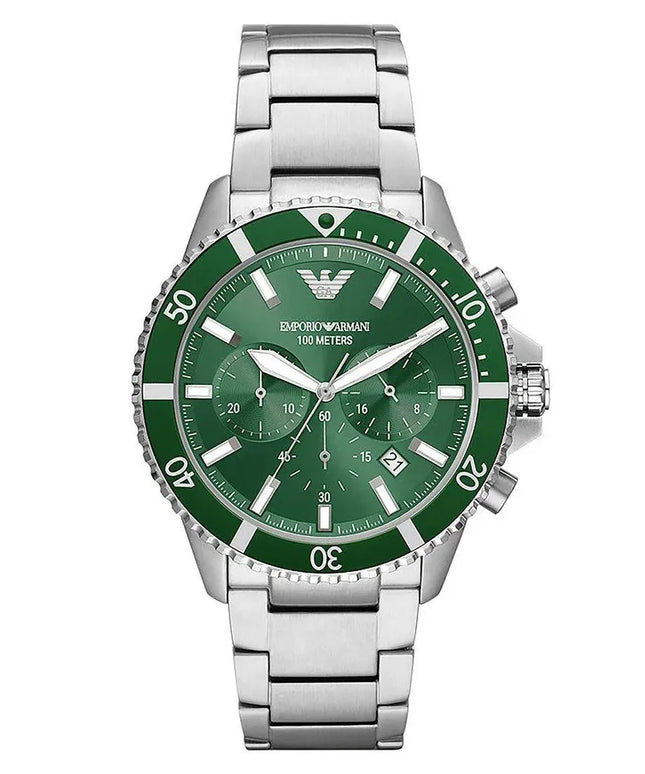 Emporio Armani Diver AR11500 vyriškas laikrodis, žalias ciferblatas, plieninė apyrankė