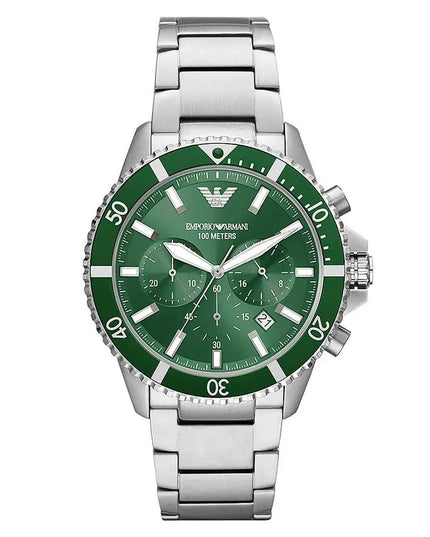 Emporio Armani Diver AR11500 vyriškas laikrodis, žalias ciferblatas, plieninė apyrankė