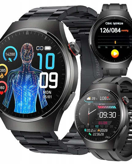 Vyriškas išmanusis laikrodis „SmarWatch AMOLED HRV EKG GLUKOZA PL“ su pulso, gliukozės ir deguonies stebėjimo funkcijomis, lenkų kalba