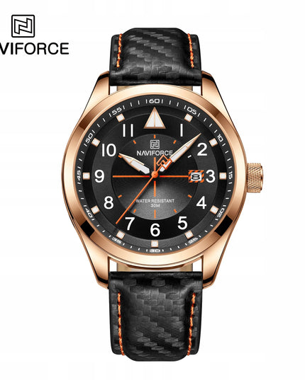 Vyriškas laikrodis „Naviforce NF8022“ – aviacijos stiliaus, su odiniu dirželiu, datų rodmeniu ir „Neobrite“