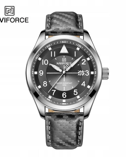 Vyriškas laikrodis „Naviforce NF8022“ – aviacijos stiliaus, su odiniu dirželiu, datų rodmeniu ir „Neobrite“