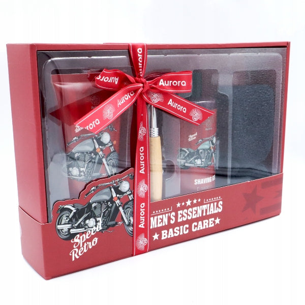 Retro stiliaus 4 vnt. vyriškos kosmetikos rinkinys skutimuisi + rankšluostis, dovana tėčiui