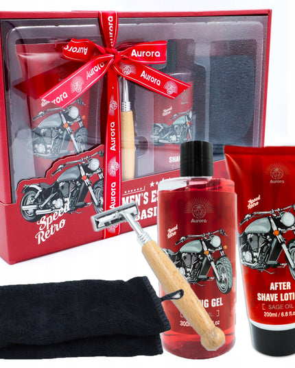 Retro stiliaus 4 vnt. vyriškos kosmetikos rinkinys skutimuisi + rankšluostis, dovana tėčiui