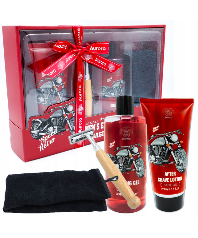 Retro stiliaus 4 vnt. vyriškos kosmetikos rinkinys skutimuisi + rankšluostis, dovana tėčiui