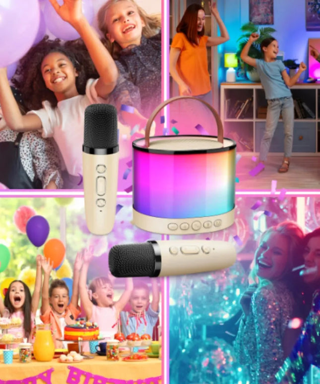 „XPart“ „Bluetooth“ karaokės rinkinys su 2 belaidžiais mikrofonais, garsiakalbiu ir RGB LED apšvietimu