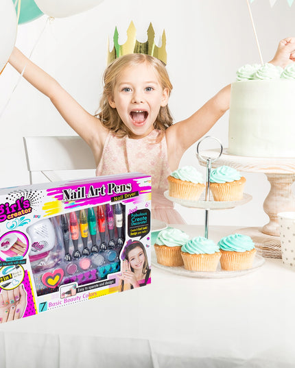 Nagų dažymo ir puošybos rinkinys su rašikliais, lempa, vaikams skirta kosmetika