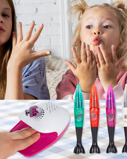 Nagų dažymo ir puošybos rinkinys su rašikliais, lempa, vaikams skirta kosmetika