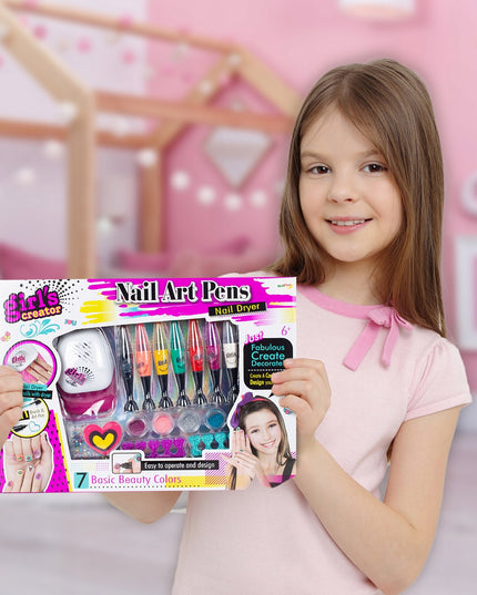Nagų dažymo ir puošybos rinkinys su rašikliais, lempa, vaikams skirta kosmetika
