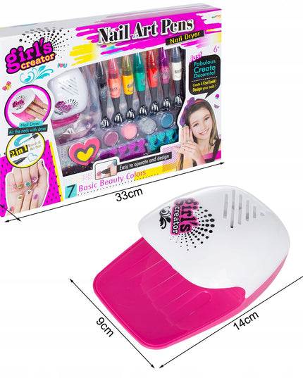 Nagų dažymo ir puošybos rinkinys su rašikliais, lempa, vaikams skirta kosmetika