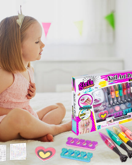 Nagų dažymo ir puošybos rinkinys su rašikliais, lempa, vaikams skirta kosmetika