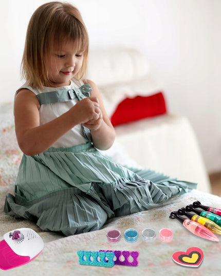 Nagų dažymo ir puošybos rinkinys su rašikliais, lempa, vaikams skirta kosmetika