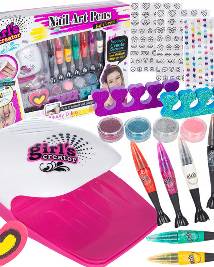 Nagų dažymo ir puošybos rinkinys su rašikliais, lempa, vaikams skirta kosmetika
