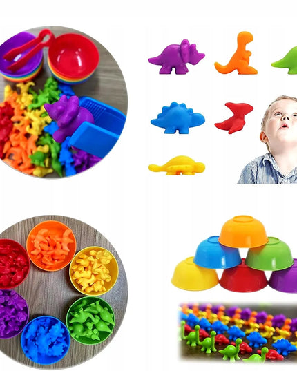 QULKI skaičiavimo ir spalvų mokymosi rinkinys – edukacinis Montessori žaidimas su dinozaurų figūrėlėmis tūtelėje