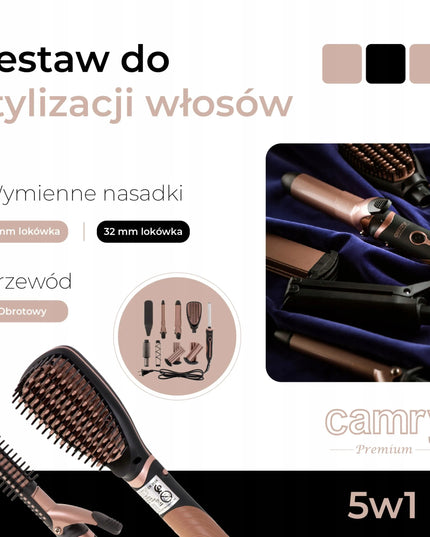 CAMRY CR 2024 plaukų formavimo rinkinys 5 viename: tiesintuvas, garbanojimo žnyplės, gofravimo ir bangų formavimo antgaliai