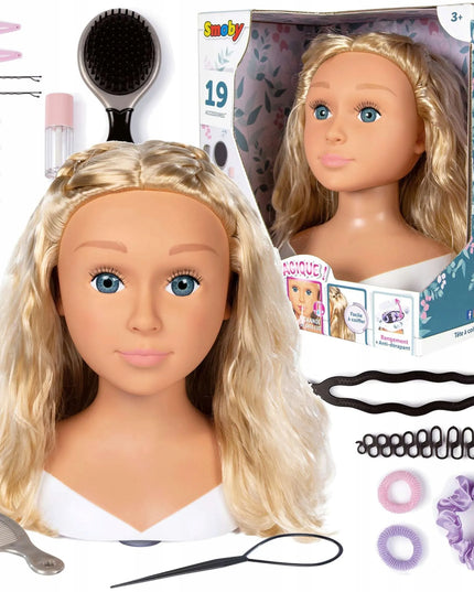 Smoby didelė šukuosenų formavimo galva su blondiniškais plaukais ir priedais