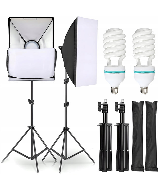 Fotografinis rinkinys: 2x fotografinė lempa, trikojis, 2x 50x70cm softboxas