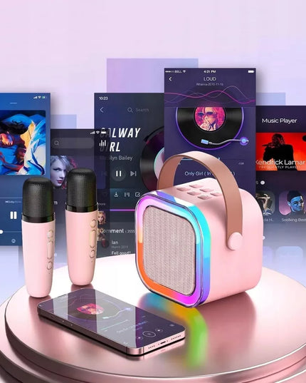 Nešiojamas belaidis karaoke rinkinys „Fotorob“ – 2 mikrofonai ir „Bluetooth“ garsiakalbis su RGB apšvietimu