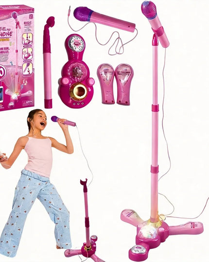Vaikiškas karaoke rinkinys su mikrofonu, garso stiprintuvu ir stovu