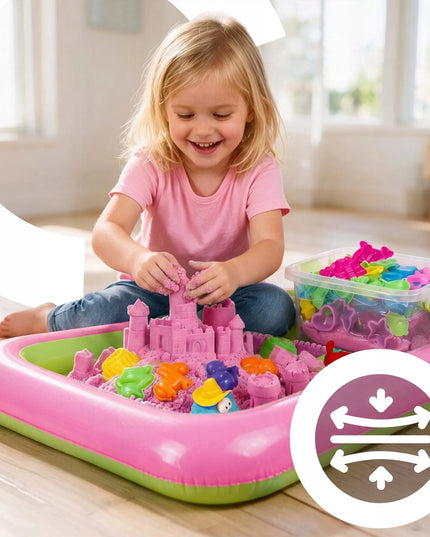 RETOO rožinio kinetinio smėlio rinkinys, 3 kg, formelės, pripučiama žaidimų zona, kastuvėlis ir talpykla