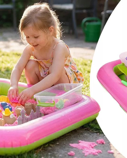 RETOO rožinio kinetinio smėlio rinkinys, 3 kg, formelės, pripučiama žaidimų zona, kastuvėlis ir talpykla