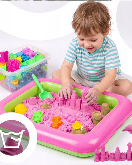 RETOO rožinio kinetinio smėlio rinkinys, 3 kg, formelės, pripučiama žaidimų zona, kastuvėlis ir talpykla
