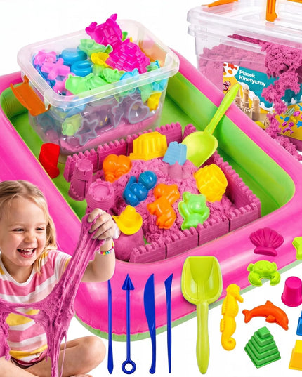 RETOO rožinio kinetinio smėlio rinkinys, 3 kg, formelės, pripučiama žaidimų zona, kastuvėlis ir talpykla