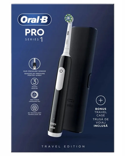 Oral-B Pro 1 elektrinis dantų šepetėlis, juodas, su dėklu ir priedais