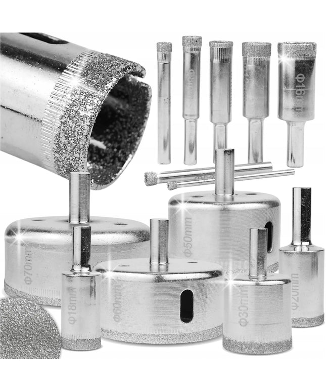 Deimantinių gręžimo karūnų rinkinys gres plytelėms, 14 vnt., 6-68 mm, didelis rinkinys BLACK