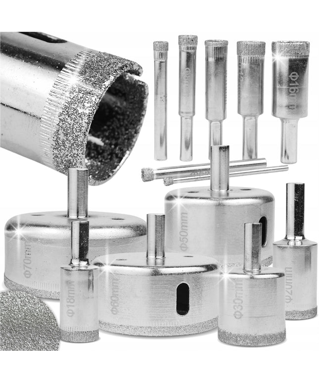 Deimantinių gręžimo karūnų rinkinys gres plytelėms, 14 vnt., 6-68 mm, didelis rinkinys BLACK