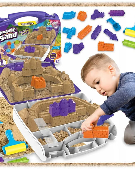 Kinetinio smėlio rinkinys vaikams, 1 kg, statyboms, su 9 formelėmis – plytos ir bokštai
