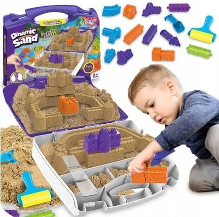 Kinetinio smėlio rinkinys vaikams, 1 kg, statyboms, su 9 formelėmis – plytos ir bokštai