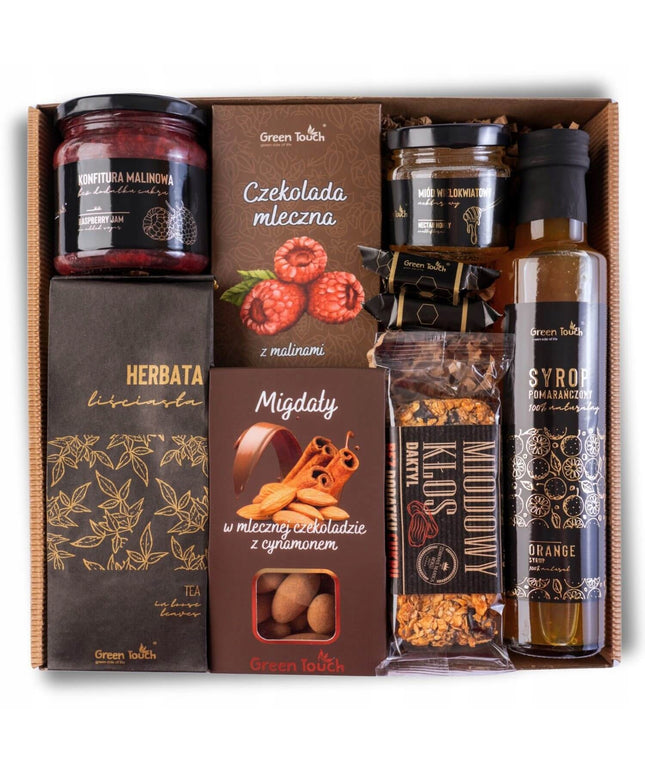 Dovanų rinkinys saldainiai arbata migdolai sirupas medus uogienė dėžutė