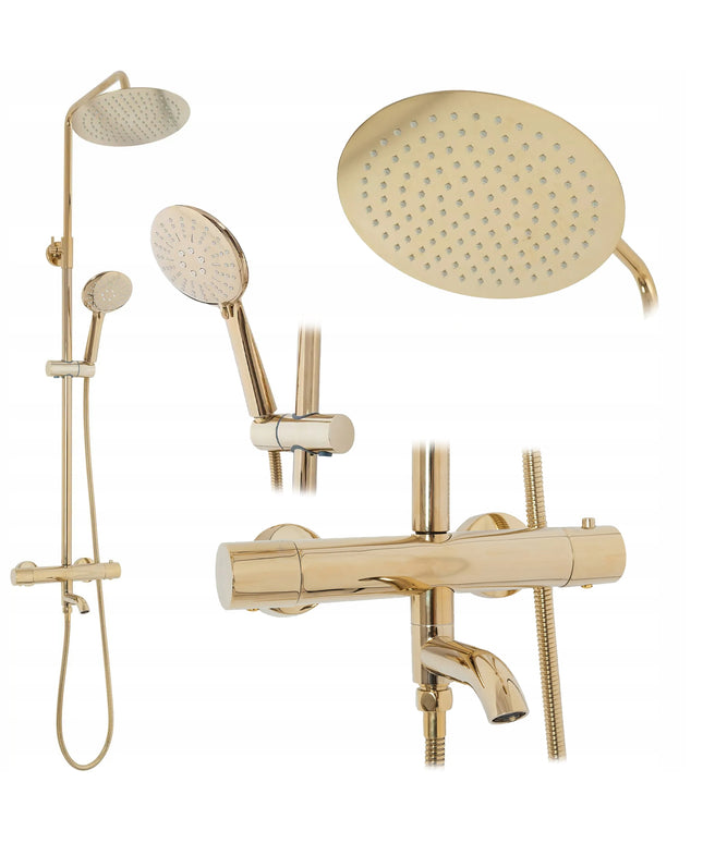 Auksinis paviršinio montavimo dušo komplektas su termostatu voniai REA LUNGO GOLD