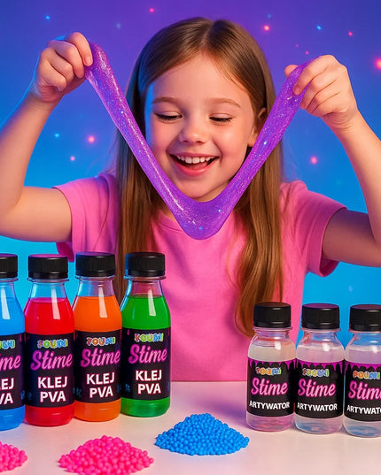 „Slime“ rinkinys: 5 spalvoti PVA klijai ir 2 aktyvatoriaus buteliukai