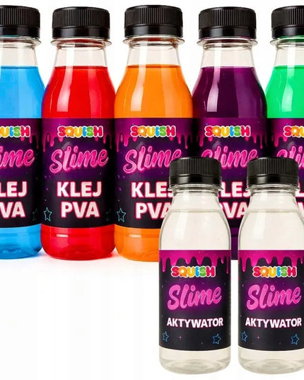 „Slime“ rinkinys: 5 spalvoti PVA klijai ir 2 aktyvatoriaus buteliukai