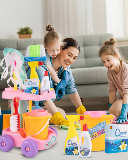 Valymo rinkinys vaikams ant vežimėlio su kibirėliu, mopas, šluotelė